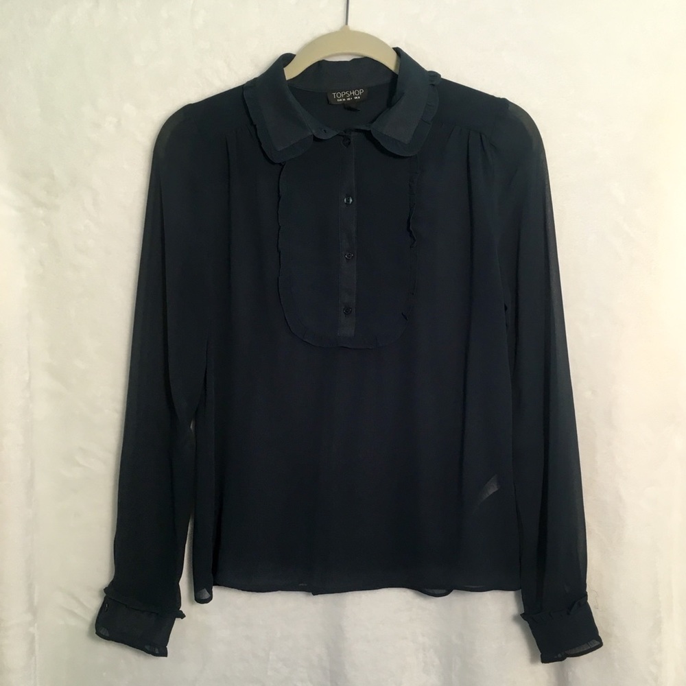 Topshop Sheer Collared Blouse with Ruffle Detail